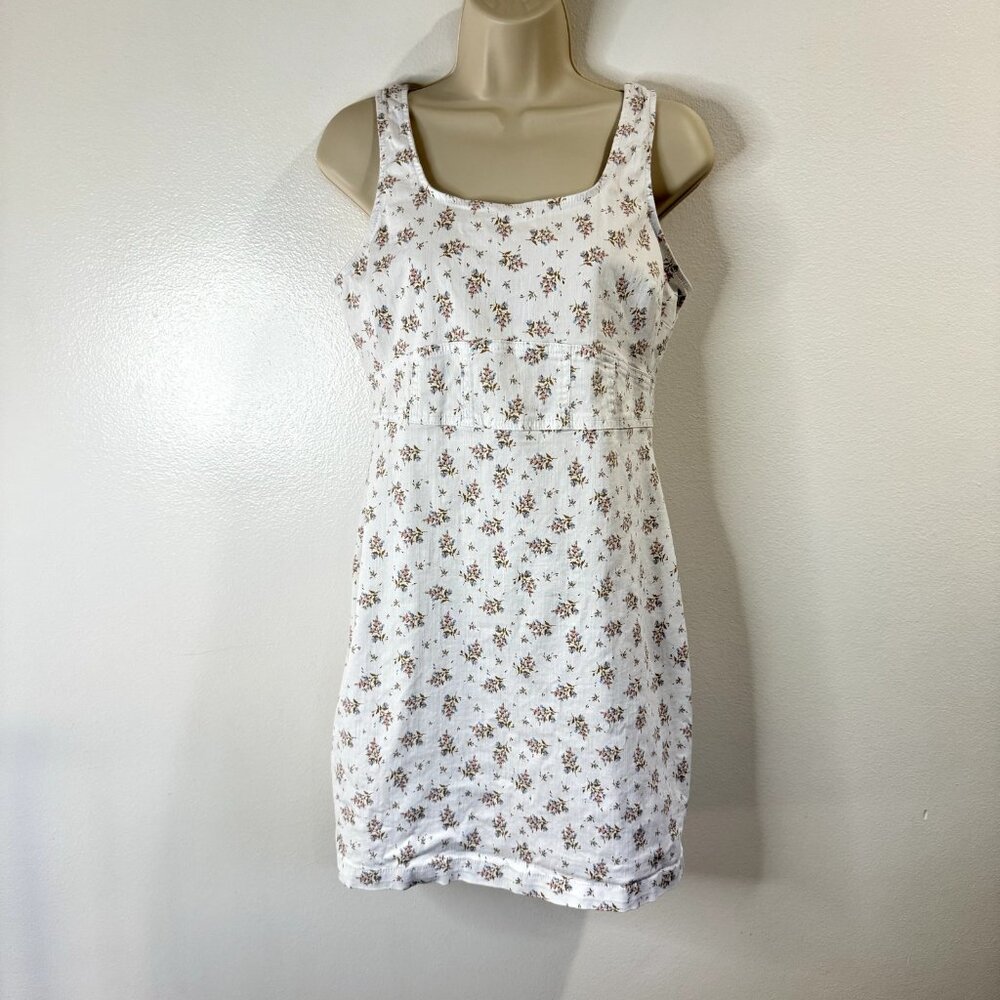Y2K No Boundaries Dress Size L 11-13 Jean Denim White Pink Floral Square Neck